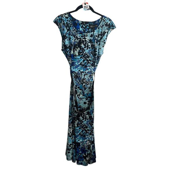 Connected Apparel Maxi Dress 12 Blue Floral Belted Cap Sleeve - Picture 1 of 3